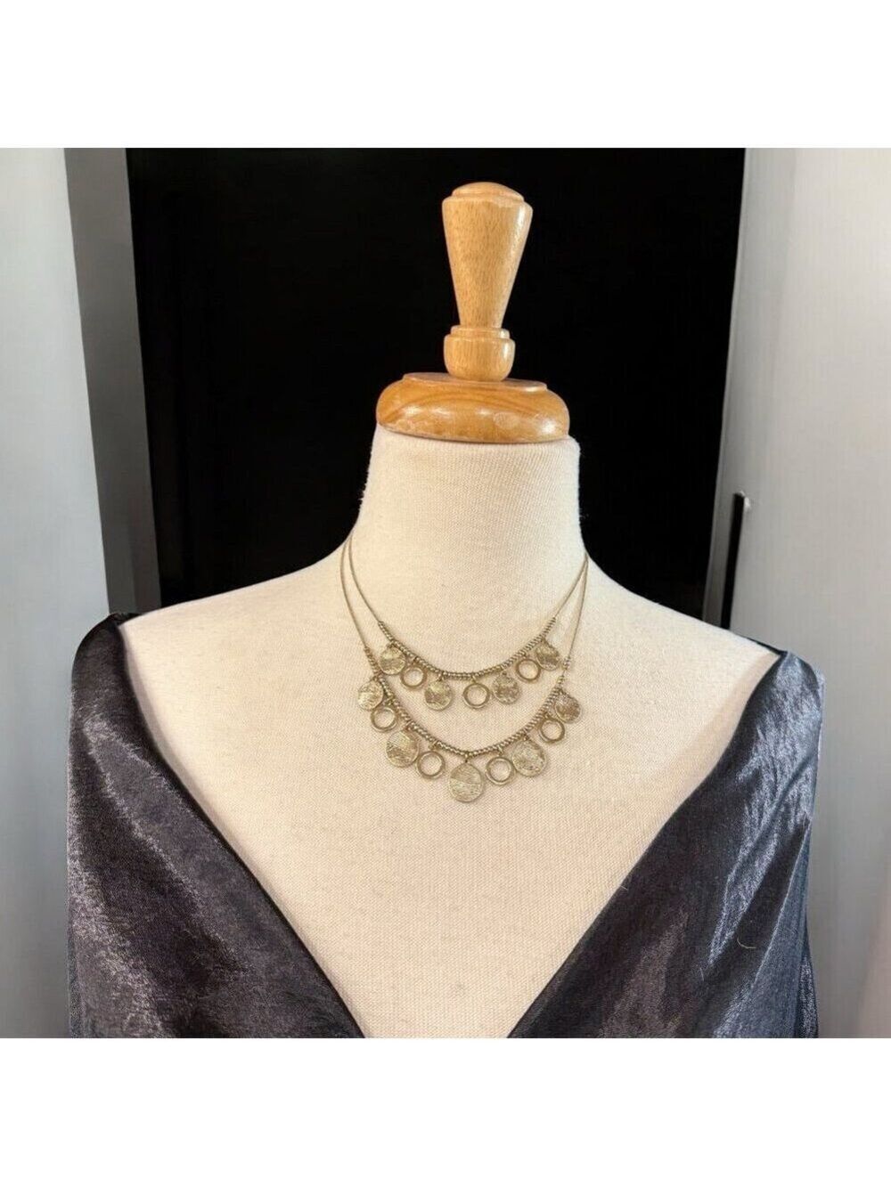Vintage Gold Tone Double Strand Necklace w/ Textured Disc Charms
